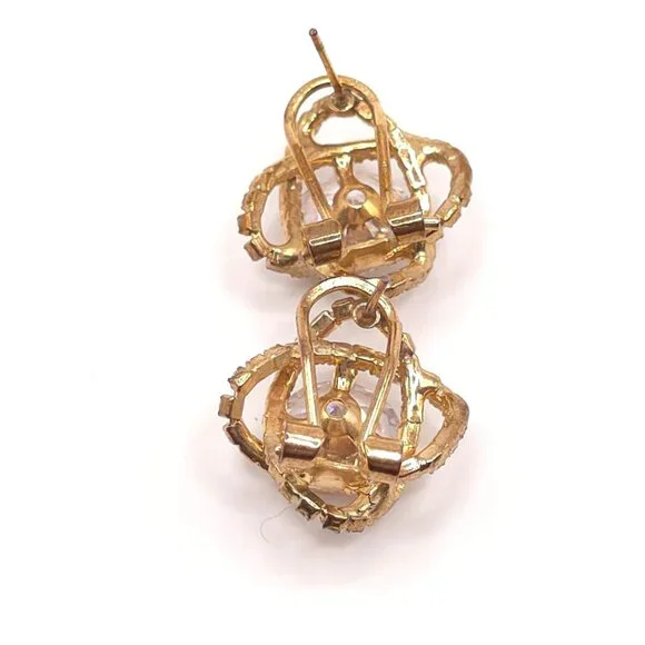 Vintage Gold-Tone Clip-On Earrings With Large Round Clear Rhinestones & Pave Set - Picture 4 of 8